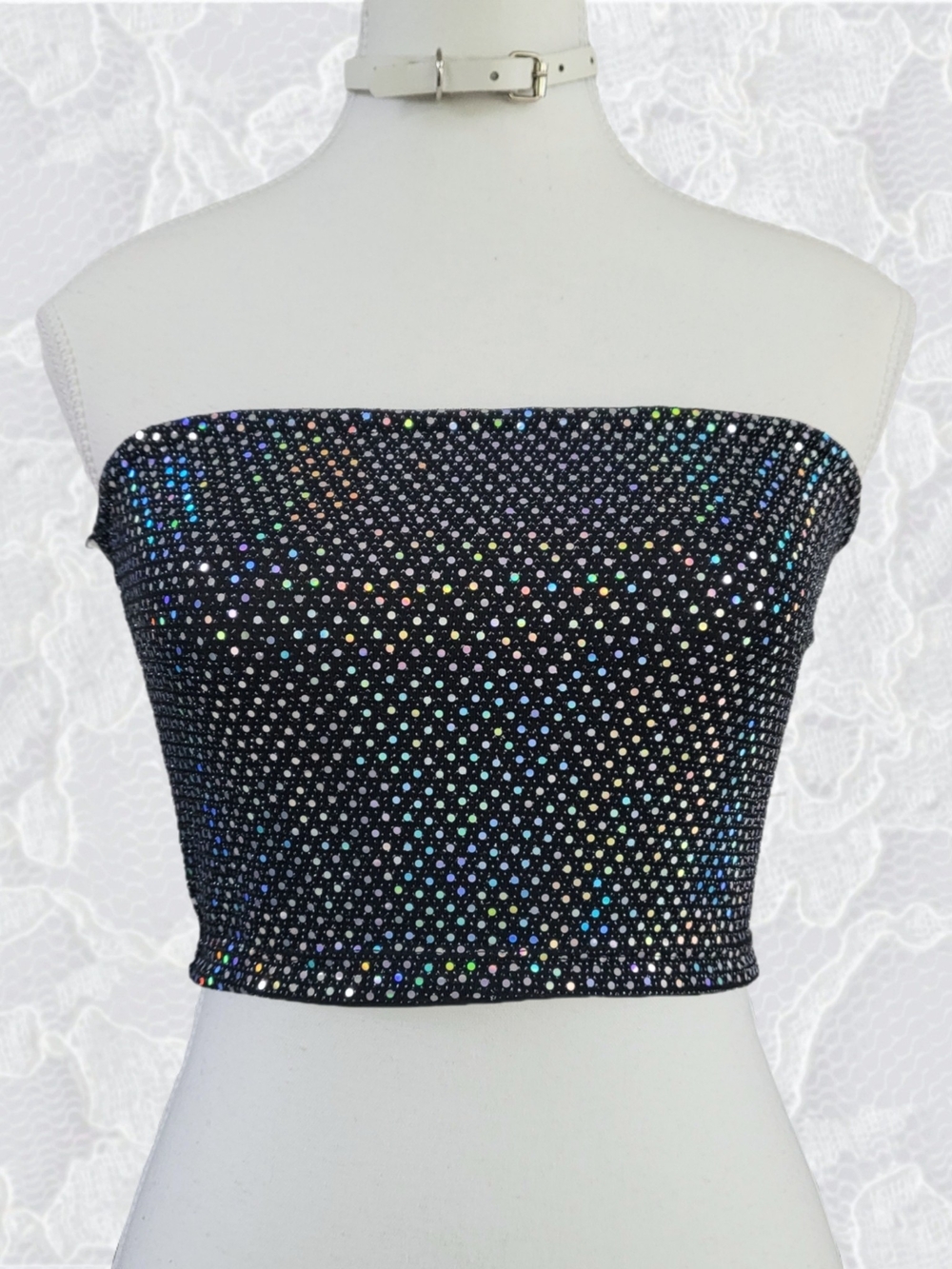 H&M Black Holographic Sequin Strapless Crop Top